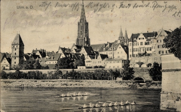 Postcard Ulm on the Danube, Münster, rowers