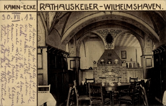 Postcard Wilhelmshaven on the North Sea, fireplace corner, town hall cellar, interior view, rustic furniture