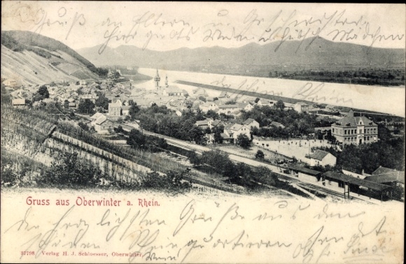 Postcard Oberwinter Remagen am Rhein, landscape photograph, Rhine, town Oberwinter, publisher HJ Schlosse