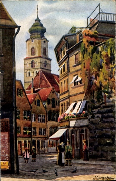 Artist Postcard Marschall, V., Lindau on Lake Constance, view into the Römerschanze