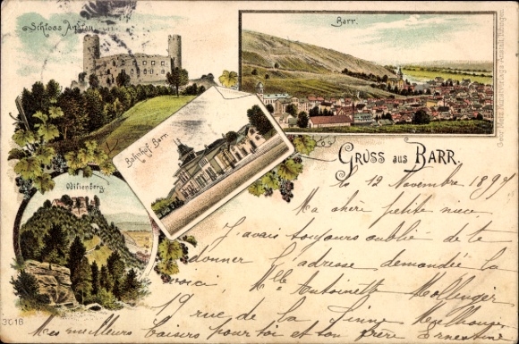 Chromo-Litho Barr Alsace Bas Rhin, Andlau Castle, train station, Odilienberg, panorama
