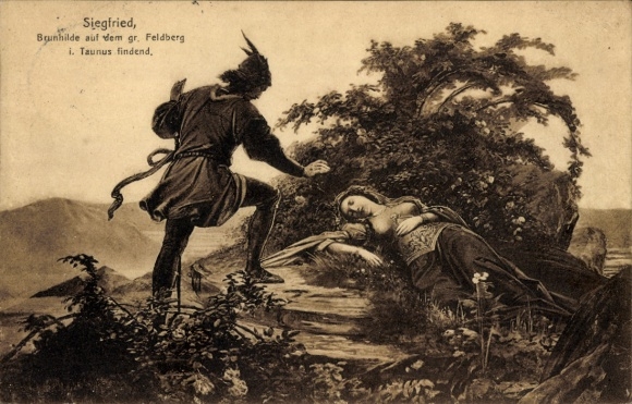 Ak Nibelungensage, Siegfried, Brunhilde auf dem großen Feldberg im Taunus