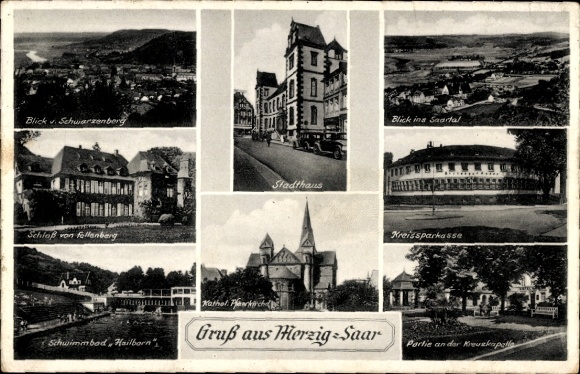 Ansichtkaart Merzig an der Saar, herenhuis, districtsspaarbank, kasteel Fellenberg, zwembad Heilborn