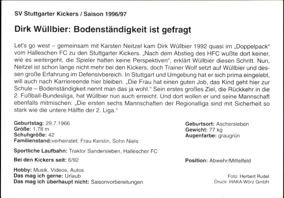 Karta autografu piłkarza Dirka Wüllbiera, SV Stuttgarter Kickers, autograf
