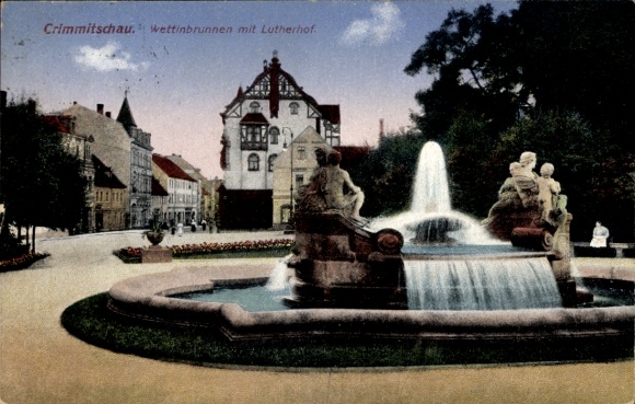 Postcard Crimmitschau, Wettinbrunnen with Lutherhof