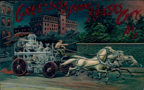 Embossed Postcard Kansas City Kansas USA, fire department, fire engine, pulled by horses
