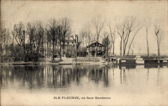 Ak Nanterre Hauts de Seine, Ile Fleurie, Häuser, Bäume, Wasser, schwarz-weiß, alte 