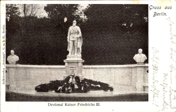 Postcard Berlin Tiergarten, Monument to Emperor Frederick III, Electric Automat Restaurant Jasmatzi
