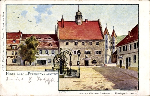 Künstler Ak Freyburg an der Unstrut, Marktplatz, Denkmal, Apotheke