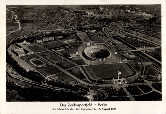 Postcard Reichssportfeld Berlin, Reich Academy of Physical Education, Olympic Stadium, Dietrich Eckart Stage