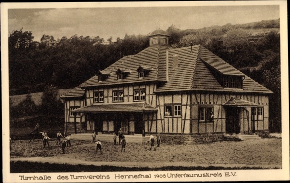 Postcard Hennethal Hohenstein Untertaunus, gymnasium of the gymnastics club, inauguration ceremony 1927