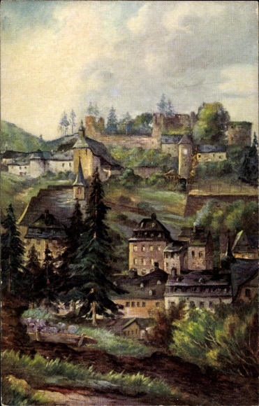 Postcard Monschau Montjoie in the Eifel, castle ruins and monastery