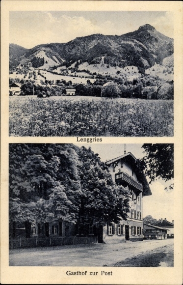 Postcard Lenggries in the district of Bad Tölz Wolfratshausen, Gasthof zur Post, place with surroundings