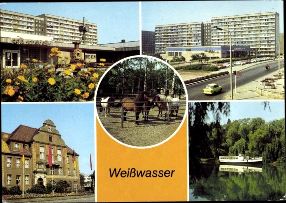 Postcard Weißwasser in Upper Lusatia, residential complex at the water tower, Magnet department store, zoo, town hall