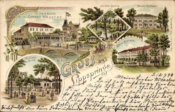 Litho Bad Lippspringe in Westfalen, Pension Conrad Wegener, Kurhaus, Jordan Quelle, Trinkhalle
