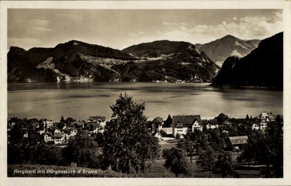 KP Hergiswil Kt Nidwalden, Czarny, Góry, Jezioro, Widok na miasto, Bürgenstock, Brisen