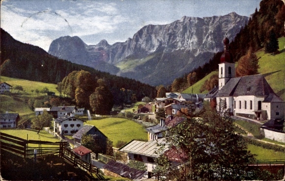 Postcard Ramsau in Berchtesgadener Land Upper Bavaria, partial view of the town, church, mountains
