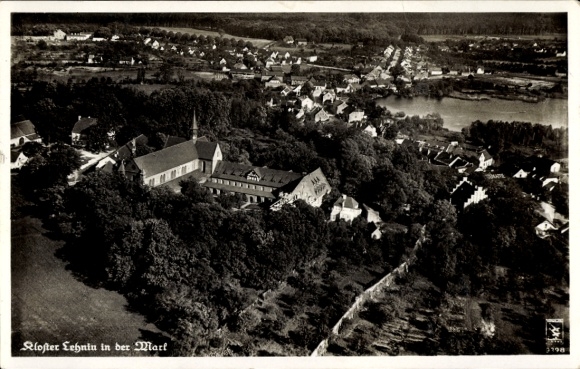 Postcard Kloster Lehnin in der Mark, monastery aerial view, idyllic landscape, river in the background