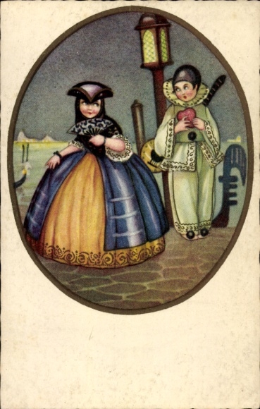 Artist Postcard Carnival, children in costumes, Venice, gondola