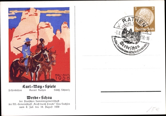Ganzsachen Ak Kurort Rathen im Elbsandsteingebirge, Karl May Spiele, Werbeschau, Mai bis August 1938