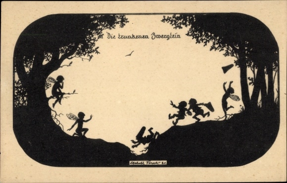 Paper cutting Postcard Forck, Elsbeth, From the Gnome and Elf Kingdom, The Drunken Dwarfs