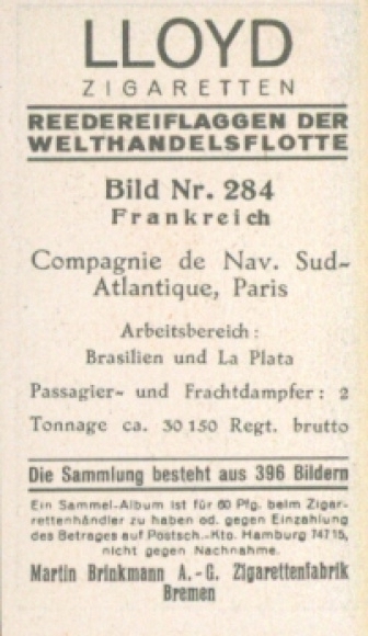 Collective picture shipping company flags of the world merchant fleet No. 284, Compagnie de Navigation Sud-Atlantique