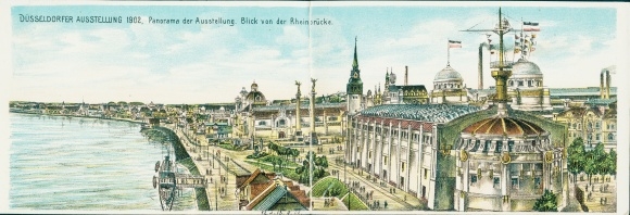 Klapp Postcard Düsseldorf, Düsseldorf exhibition 1902, exhibition area from the Rhine bridge