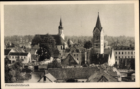 Postcard Fürstenfeldbruck in Upper Bavaria, panorama, church