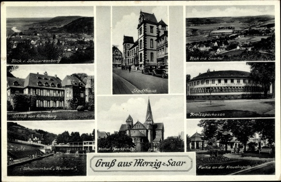 Ak Merzig aan de Saar, gemeentehuis, districtsspaarbank, kasteel Fellenberg, zwembad Heilborn