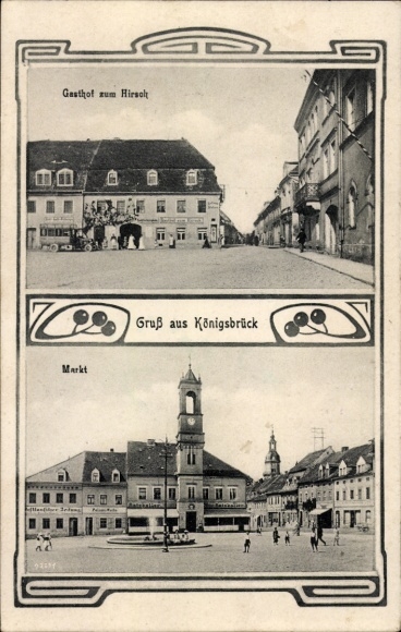 Postcard Königsbrück in Upper Lusatia, Gasthof zum Hirsol, market, greetings from Königsbrück