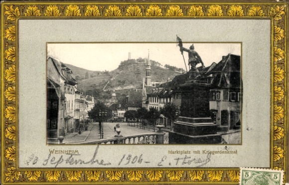 Embossed Passepartout PC Weinheim an der Bergstraße Baden, market square with war memorial