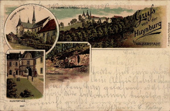 Chromo-Litho Huy Saxony Anhalt, Huysburg from the Devil's Pulpit, Monastery Church, Monastery Gate, Danneilshöhle