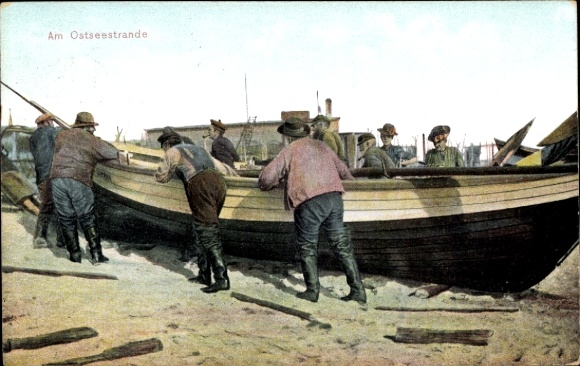 Postcard Granitz Seaside resort Binz on Rügen, men repairing a boat lying on the sand....