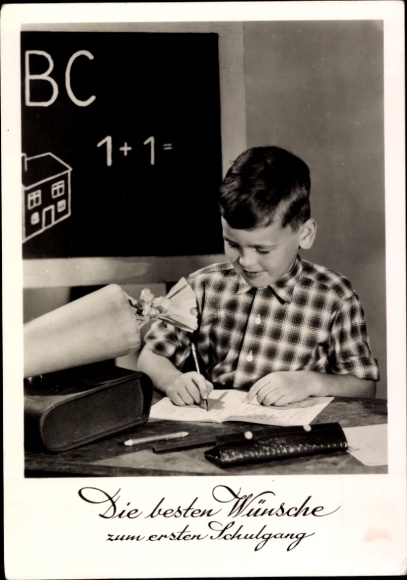 Postcard congratulations school enrollment, boy, candy cone, blackboard