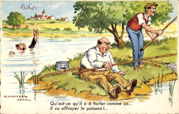 Artist Postcard Chaperon, Jean, angler, drowning man calls too loudly