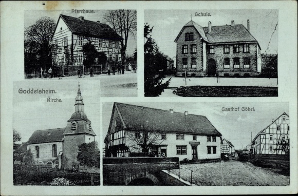 Postcard Goddelsheim Lichtenfels Hessen, school, Gasthof Göbel, church, vicarage