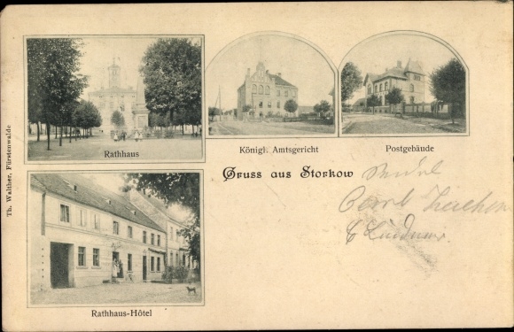 Postcard Storkow in the Mark, post office, district court, town hall, hotel