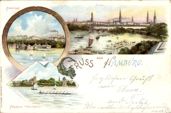 litho Hamburg Mitte oude stad, Alsterlust, Uhlenhorst veerhuis, Alster, panorama