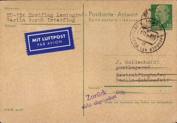 Papeteria pocztowa KP DDR, znaczek lotniczy TU-134 pierwszy lot Leningrad Berlin przez Interflug