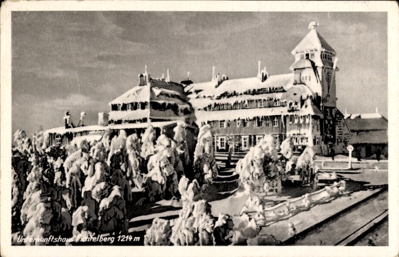 Ak Oberwiesenthal im Erzgebirge, Fichtelberg, Unterkunftshaus, Winter