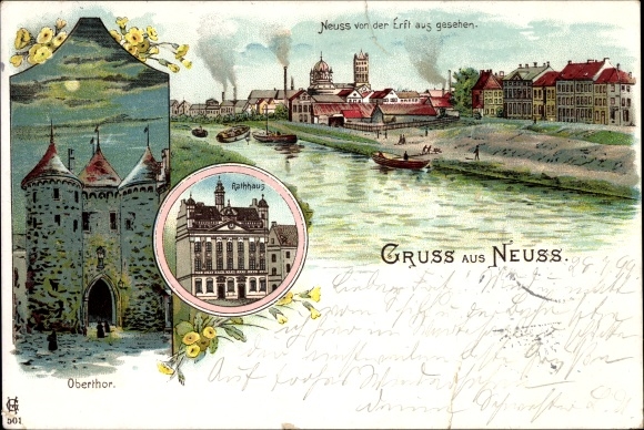 Litho Neuss in Nordrhein Westfalen, Blick von der Erft aus, Rathaus, Obertor