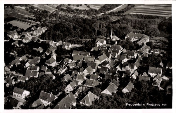 Postcard Freudental in Württemberg, aerial photograph, village view, houses, tree landscape, aircraft photograph