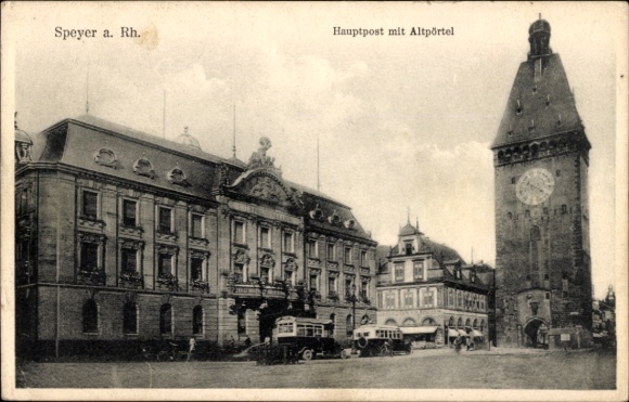 Ak Speyer am Rhein, Hauptpost mit Altpörtel,  Architektur, alte nansicht