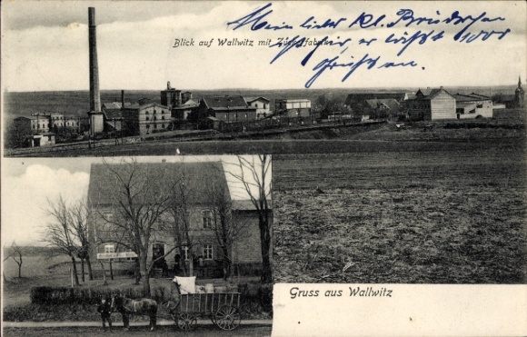 Ak Wallwitz Petersberg im Saalekreis, Blick auf  Fabrik, Gruss aus Wallwitz