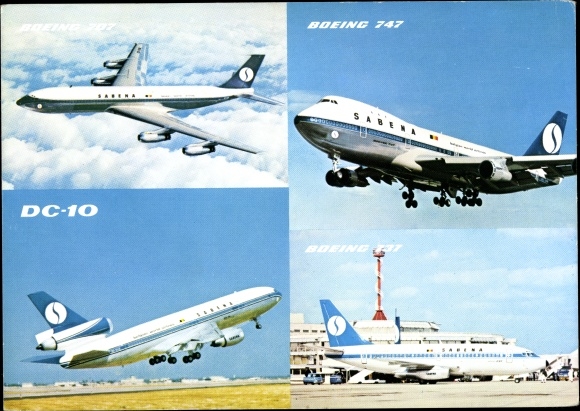 Postcard Douglas DC 10, Boeing 747, Boeing 737, passenger aircraft, Belgian airline Sabena