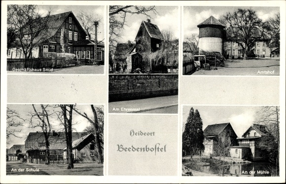 Postcard Beedenbostel Lower Saxony, commercial building Smid, memorial, court yard, school, mill