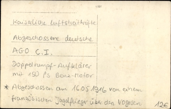 Photo Postcard France, shot down German fighter plane AGO CI, I WW