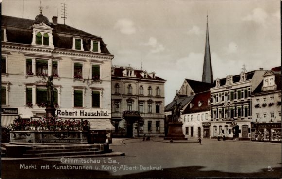 Ak Crimmitschau in Sachsen, Markt, Kunstbrunnen, König-Albert-Denkmal, Geschäft Robert Hauschild