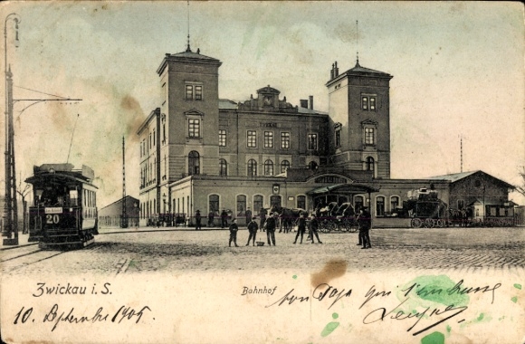 Postcard Zwickau in Saxony, train station, tram