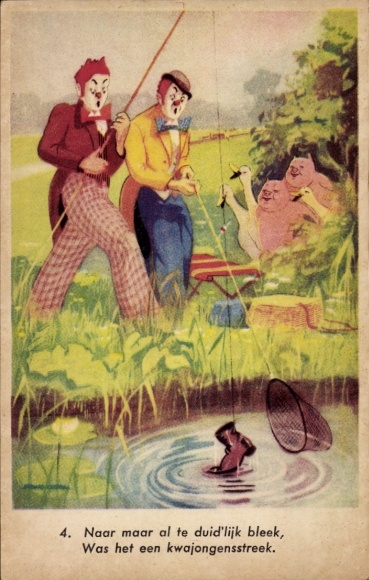 Künstler Ak zwei Clowns beim Angeln, Fische, Schweine, Gänse